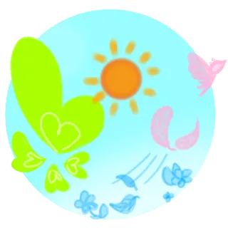 ロゴ: 青い丸を背景に、真ん中にオレンジの太陽、左側に緑のクローバー、下側に青の花,右側に空を飛んでいる羽のはえたピンクの生き物が描かれている