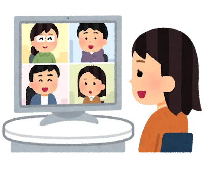 イラスト:椅子に座った女性と、4人が映ったモニター